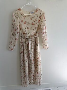 Cream Floral Midi Dress with Tie Waist
